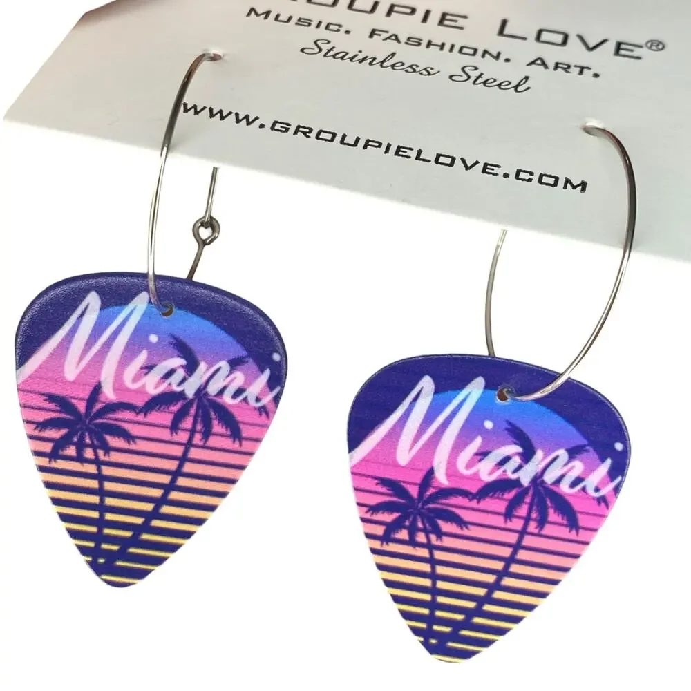 NWT Miami Striped Palm Tree Single Guitar Pick 25mm Hoop Festival Earrings